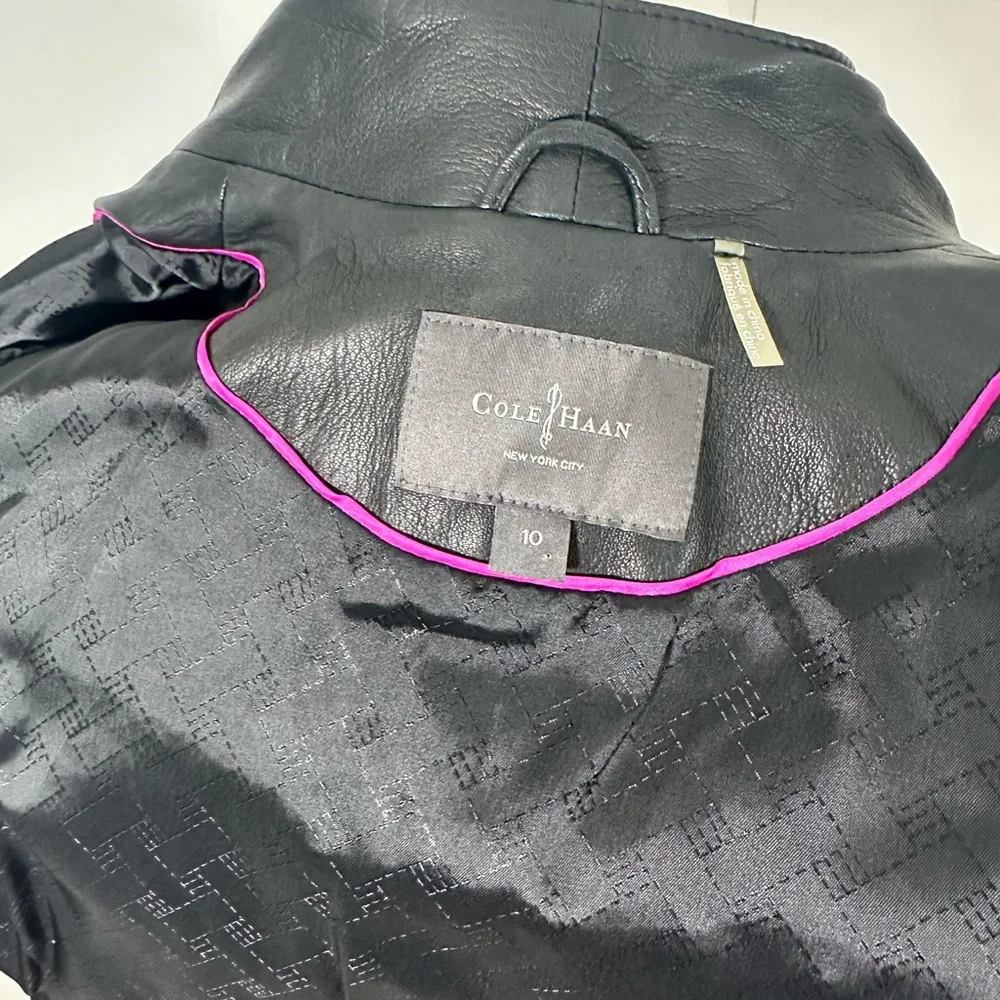 Cole Haan Sz 10 Gray Black Lambskin Leather Wool Blend Tweed Full Zip Jacket - Picture 9 of 14